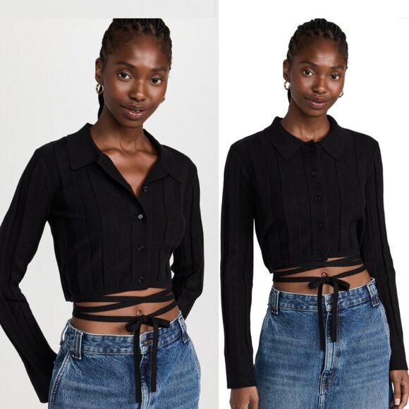 Something Navy Cropped Ribbed Button Up Sweater w/ Strappy Waist Tie in M/Medium - Picture 2 of 8